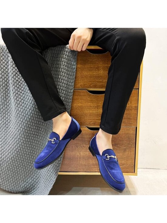 LCQL Men\'s Blue Leather Velvet Loafer Gold Buckle Slip On Comfortable Shoes main image 6